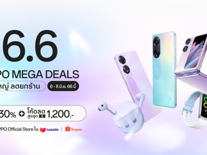 OPPO จัดดีลใหญ่ ลดยกร้าน ใน “OPPO 6.6 Mega Deals” เริ่ม 6 มิถุนายน 2566 นี้ มอบส่วนลดสมาร์ตโฟนและอุปกรณ์ IoT สูงสุด 30% ที่ OPPO Official Store บน Shopee และ Lazada เท่านั้น