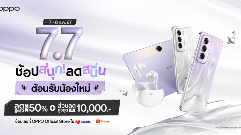 OPPO 7.7 ช้อปสนุก ลดสนั่น ต้อนรับน้องใหม่ เริ่ม 7-8 กรกฎาคม 2567 นี้ มอบส่วนลดสมาร์ตโฟนและอุปกรณ์ IoT สูงสุด 60% ที่ OPPO Official Store บน Shopee และ Lazada